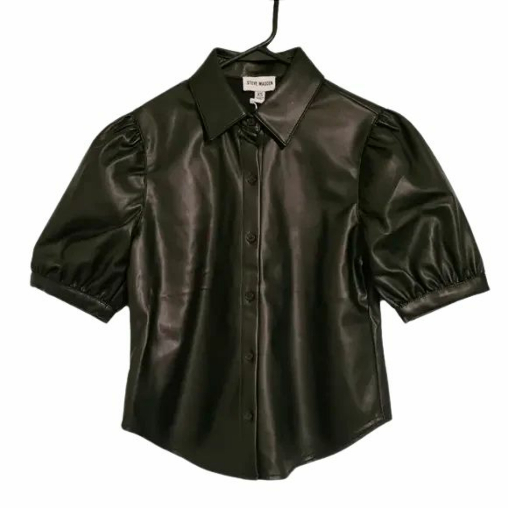 Steve Madden Faux Leather Gathered Short Sleeve Button Down, sz XS